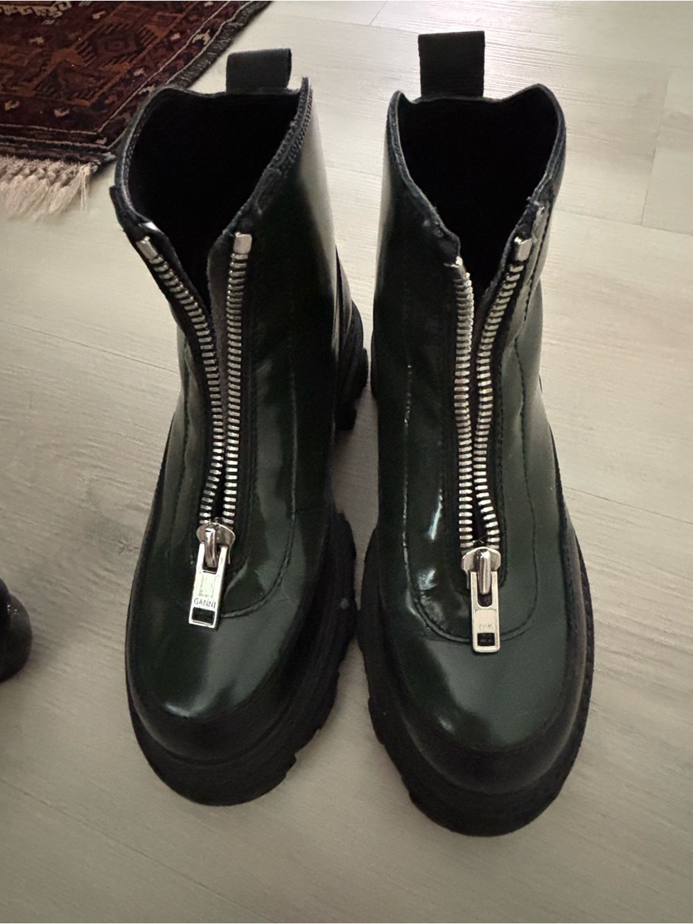 Ganni Dark Green Front-Zip Chunky Patent Ankle Boots